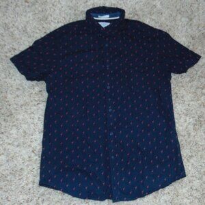 Mens Camp Shirt Small Flamingo On The Road Blue Pink Short Sleeve Button Front